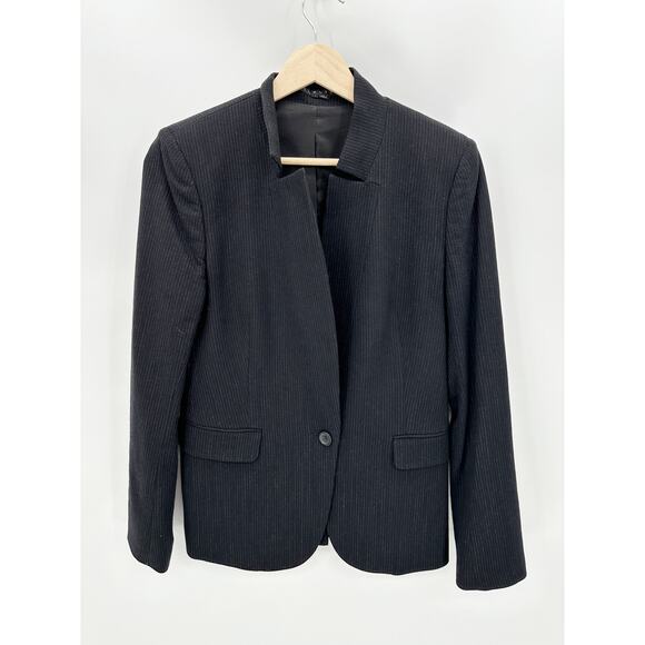 Theory Jacket Women 8 Black Pinstripe One Button Long Sleeve Wool Blend Blazer - Picture 9 of 9